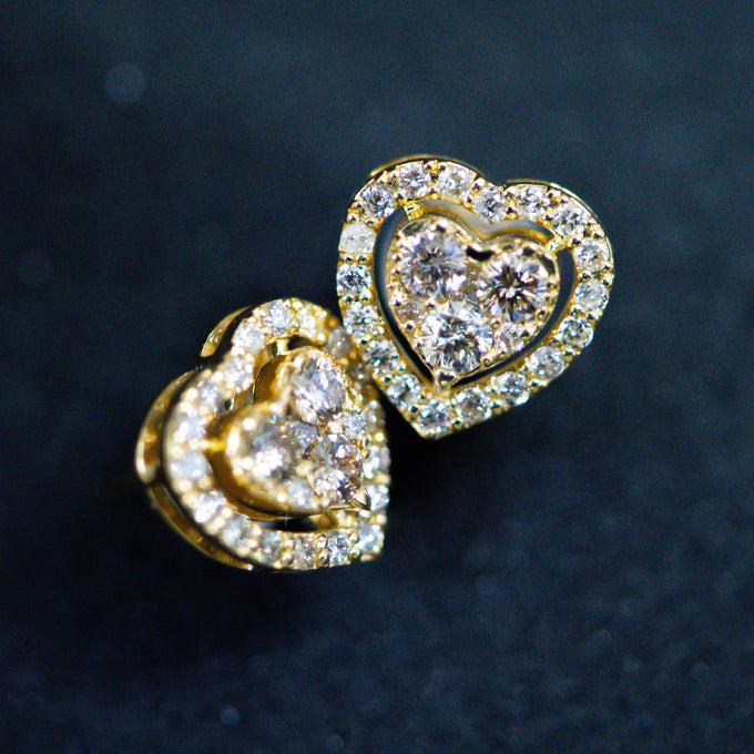 S-880 Heart Shaped Diamond Earrings Double Layer - Round Cut